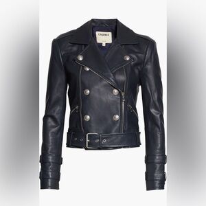 L'AGENCE Midnight Blue Leather Double-Breasted Moto Jacket Sz S